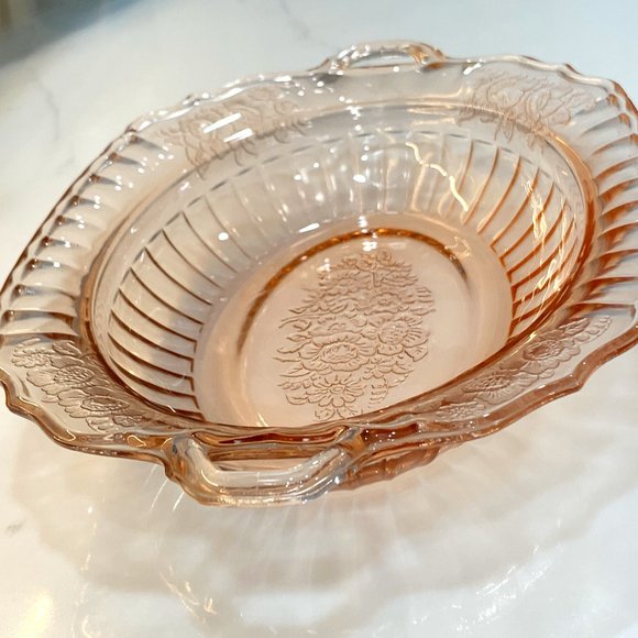 Charmed Pink Art Deco Depression Glass Bowl with Handles - Picture 2 of 16